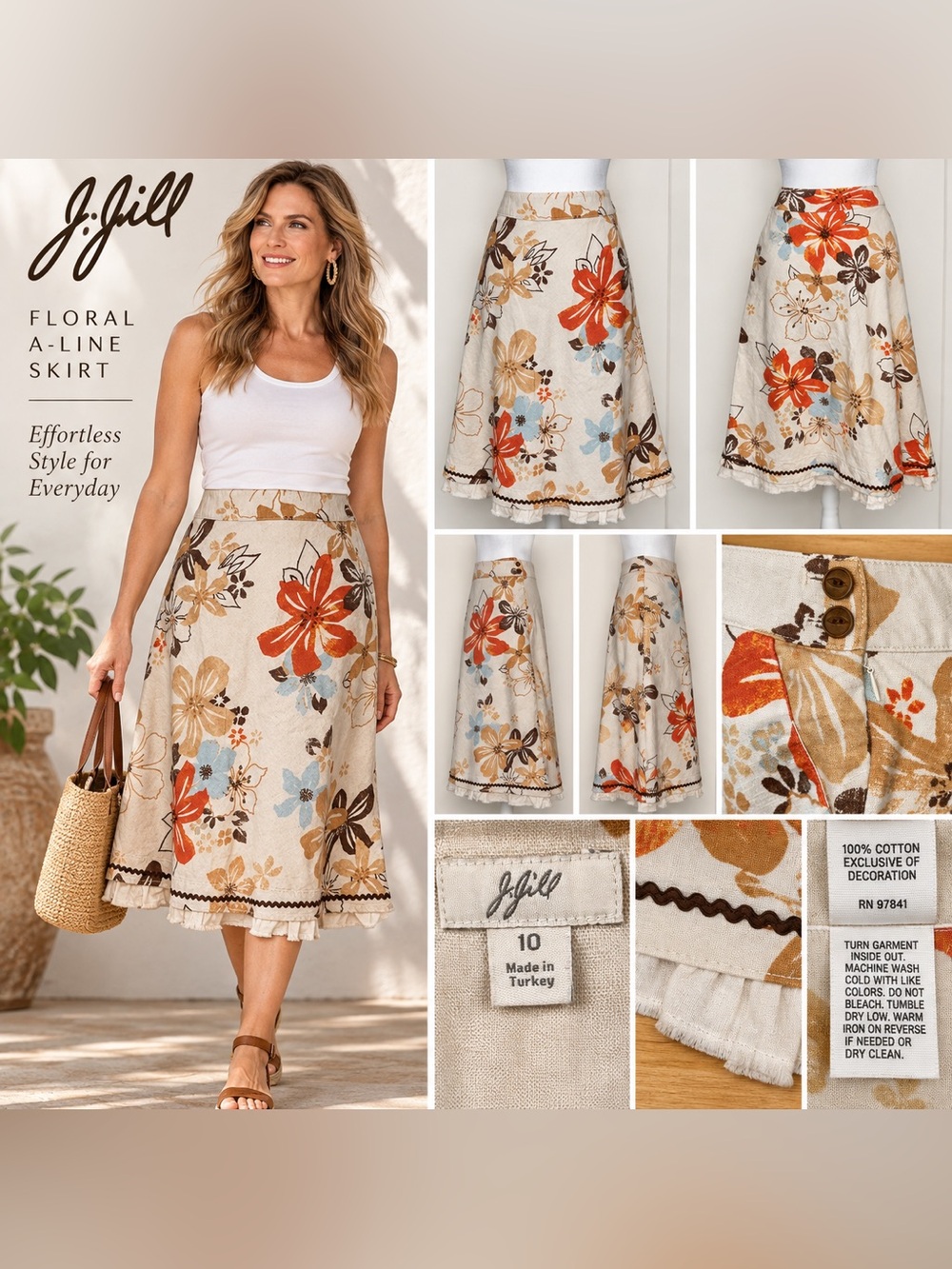 J.Jill Embellished Floral Cotton A-Line Skirt Size 10